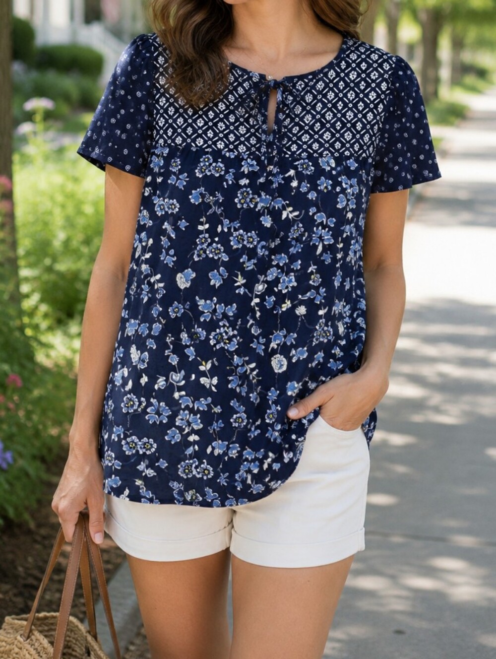 Dalia Navy Floral Mixed Print Peasant Blouse Boho Cottagecore Short Sleeve Top